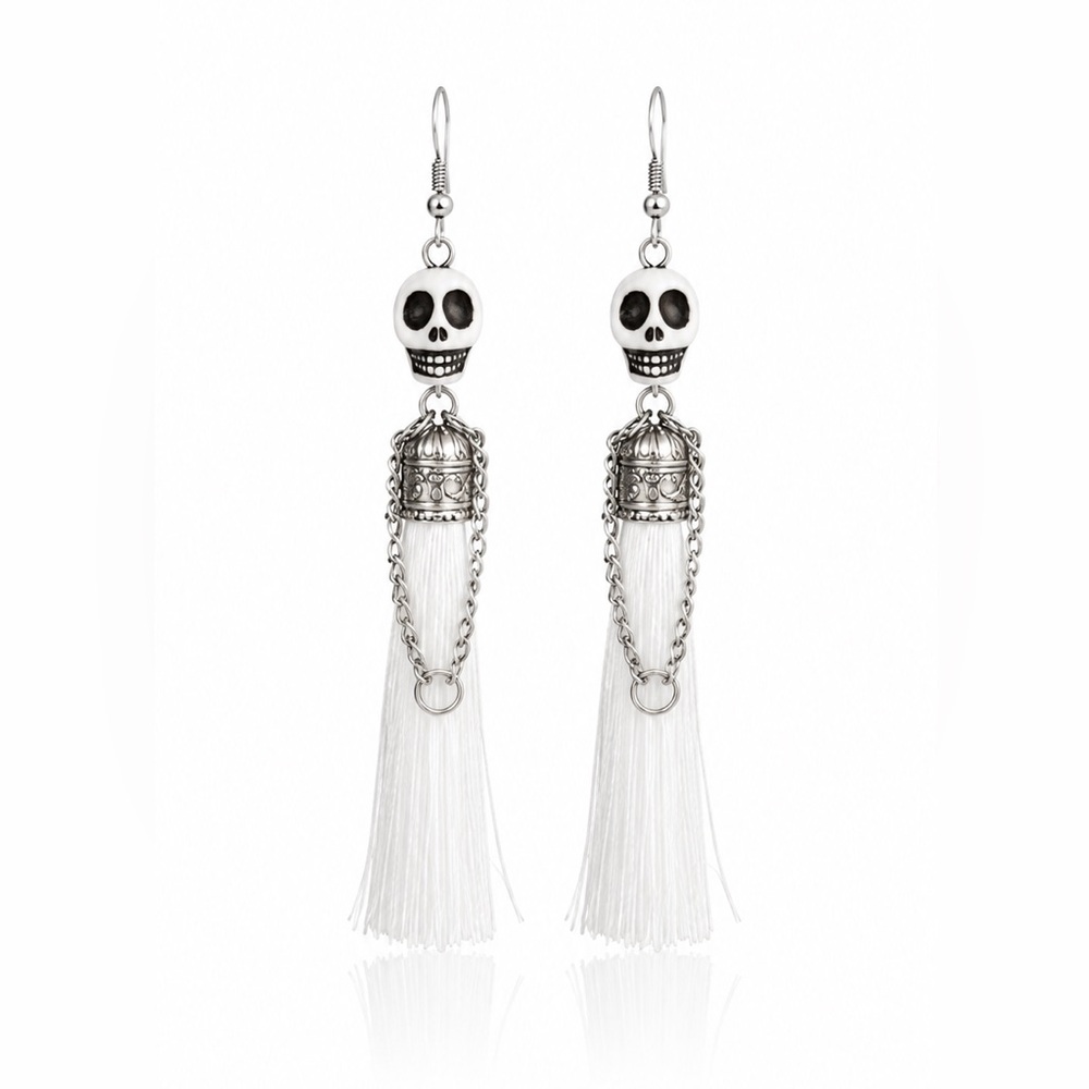 Silver Skull White Tassel Drop Earrings - Women Jewelry